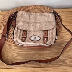 Fossil Long Live Vintage 1954 Maddox Snake skin Tan Leather Messenger Purse Bag
